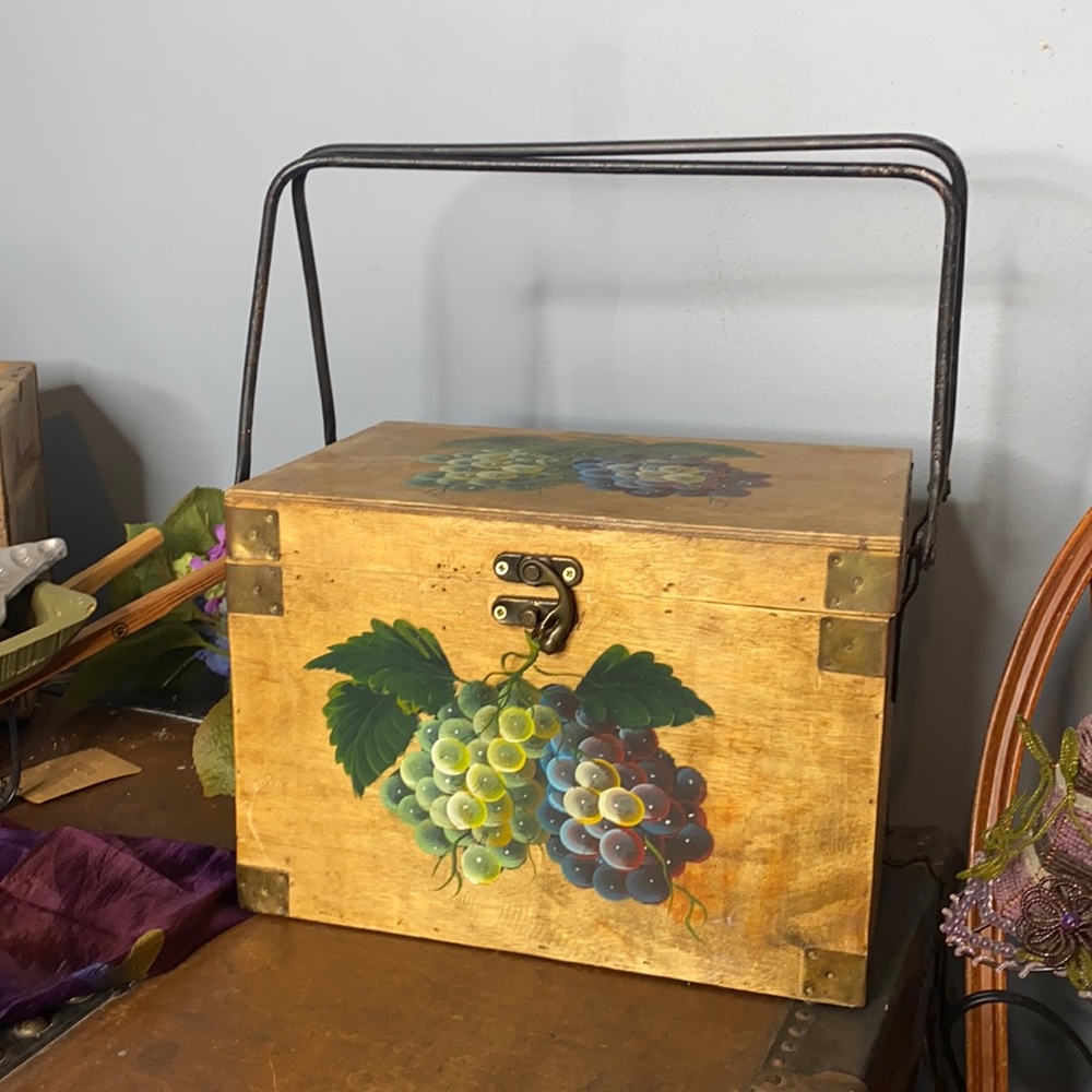 . Vintage Wooden Box - Hand Painted Grape Pattern with Metal Handles